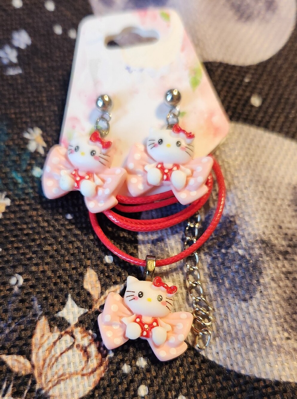 Resin Hellow Kitty Charms On Cord Necklace & Stainless Steel Earring Posts.